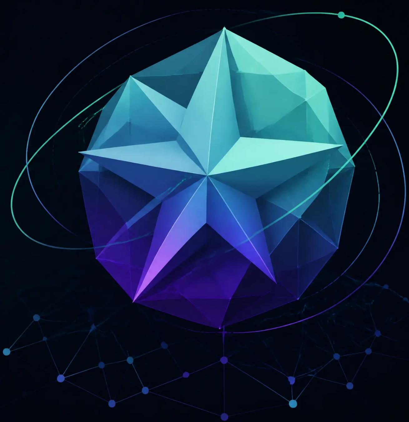 민트와 보라색 입체 별과 궤도로 표현한 Starion Partners